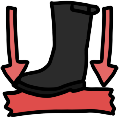 a jackboot stamping on a flattened red shape. on either side is a red arrow pointing downwards.